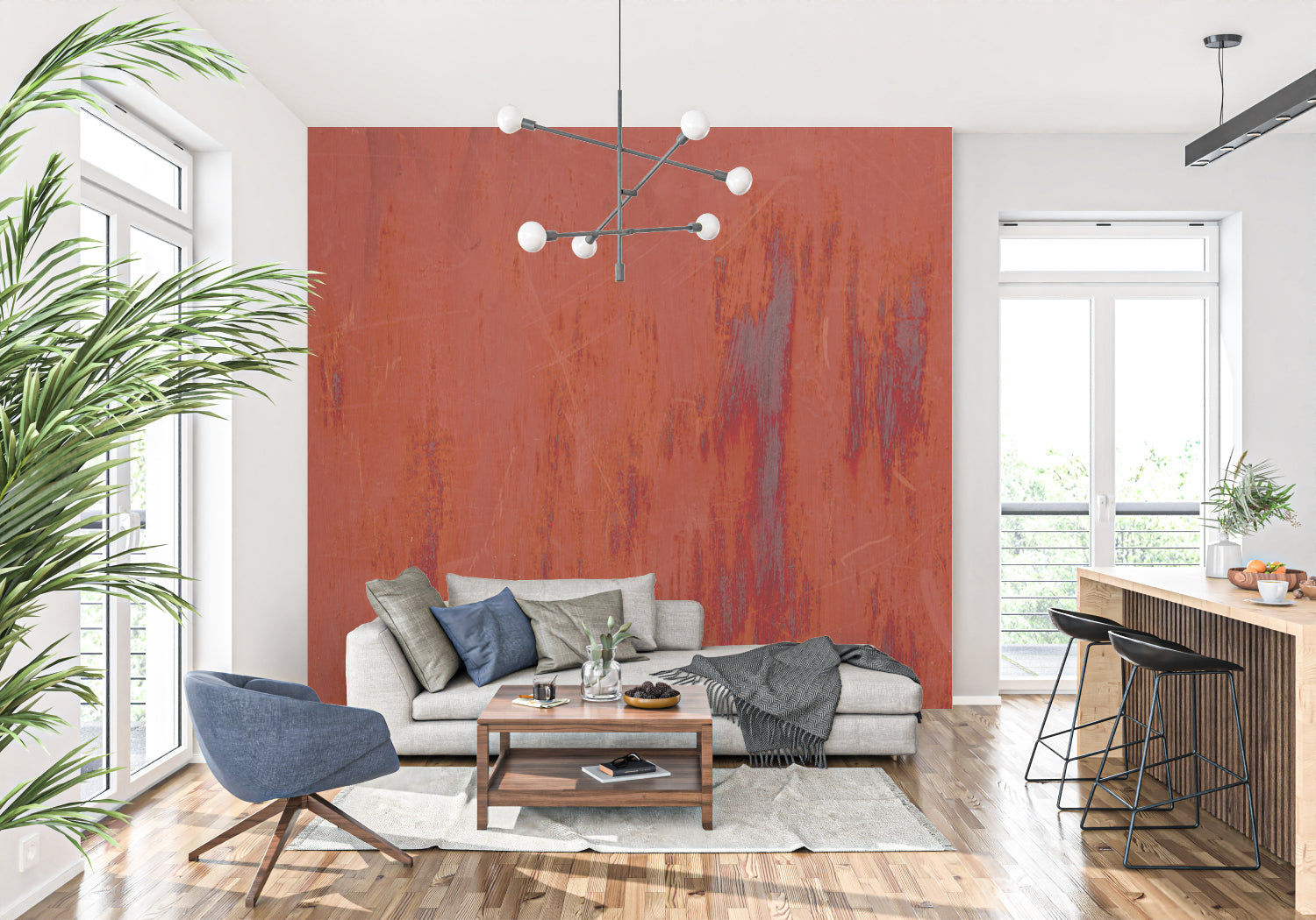 Terracotta abstract wallpaper in modern living room creating warm, inviting atmosphere