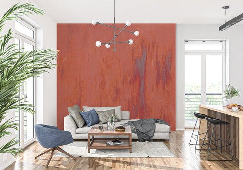Terracotta abstract wallpaper in modern living room creating warm, inviting atmosphere