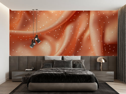 Abstract terracotta wallpaper mural with golden dots in modern living room setting