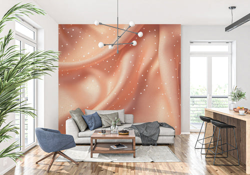 Terracotta abstract wall mural featuring golden accents in cozy bedroom