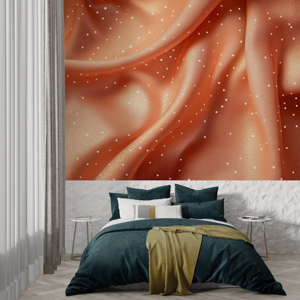 Modern dining room with flowing terracotta and gold dot wallpaper