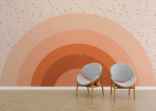 Abstract sunset wallpaper in modern living room showing warm terracotta tones and dotted pattern creating cozy atmosphere