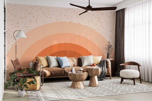 Terracotta abstract wall mural in bedroom setting highlighting peaceful sunset gradient and copper dots