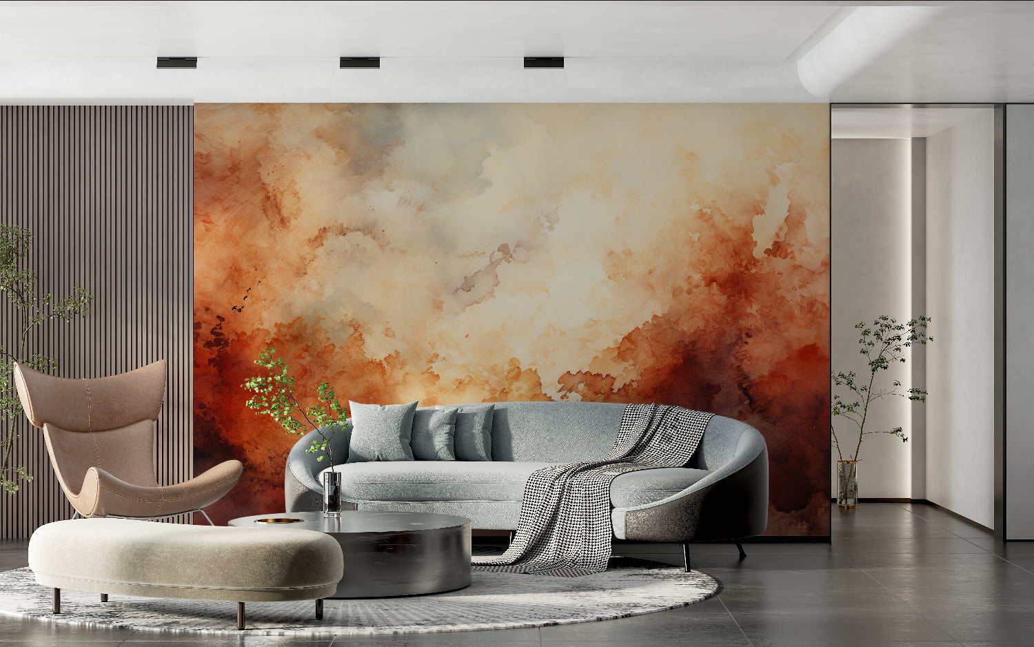 Abstract terracotta wallpaper creating depth in a minimal dining room