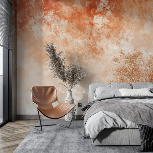 Watercolor effect wall mural in terracotta tones adding style to a master bedroom