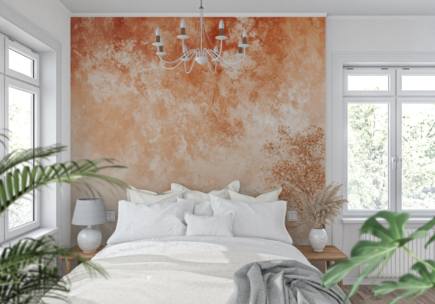 Modern home office featuring terracotta watercolor wallpaper on accent wall
