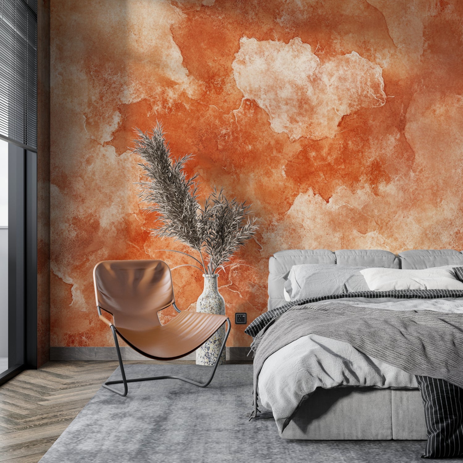 Modern dining room featuring terracotta abstract wallpaper with flowing watercolor design