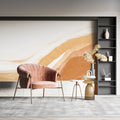 Abstract terracotta watercolor wallpaper in modern living room with white sofa and natural light