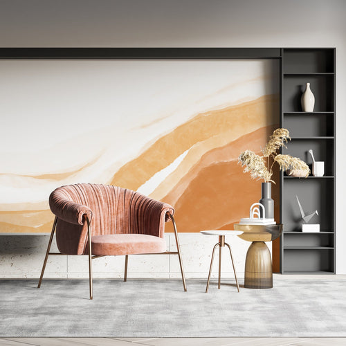 Abstract terracotta watercolor wallpaper in modern living room with white sofa and natural light