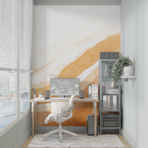 Terracotta abstract wall mural in minimalist dining room setting