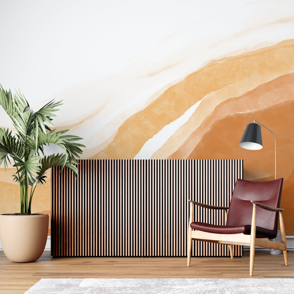 Modern home office featuring flowing watercolor waves wallpaper in warm terracotta
