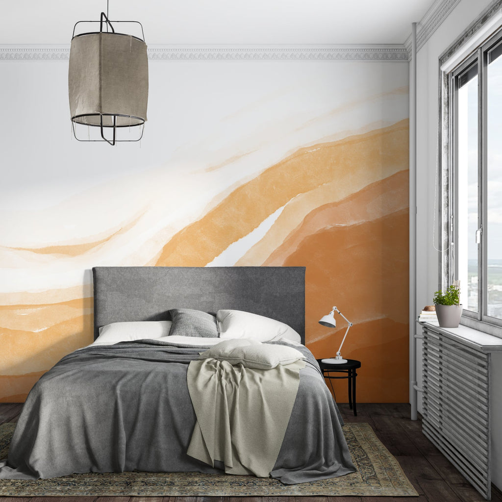 Abstract terracotta mural wallpaper in bedroom with natural decor