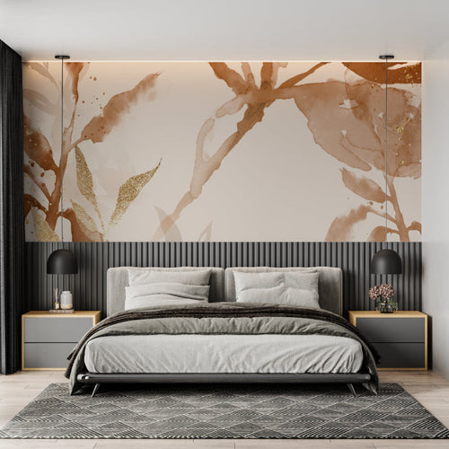 Abstract terracotta and gold wallpaper mural in modern living room with natural light