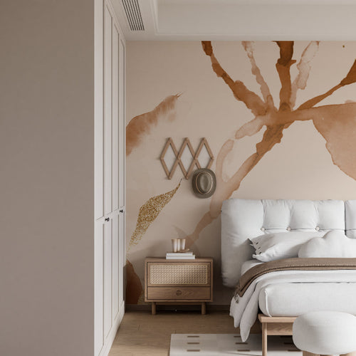 Watercolor abstract mural in dining room showing warm terracotta tones