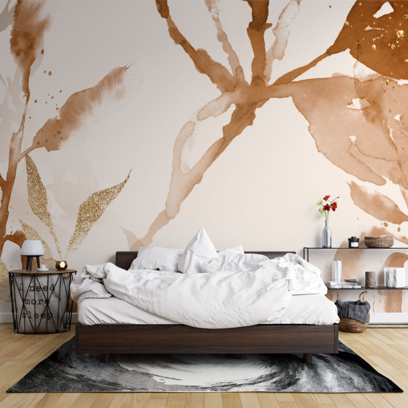 Abstract watercolor mural wallpaper in home office with afternoon light