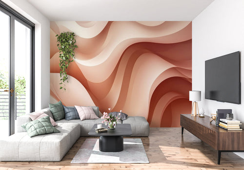 Abstract wave wallpaper in modern living room showing flowing terracotta curves creating depth