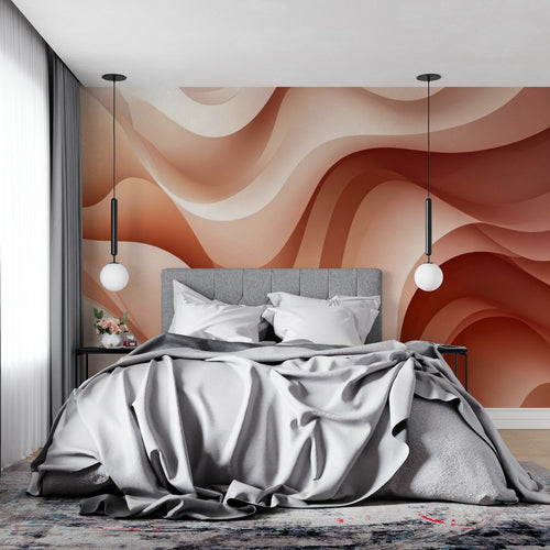 Terracotta abstract wall mural in minimalist bedroom setting