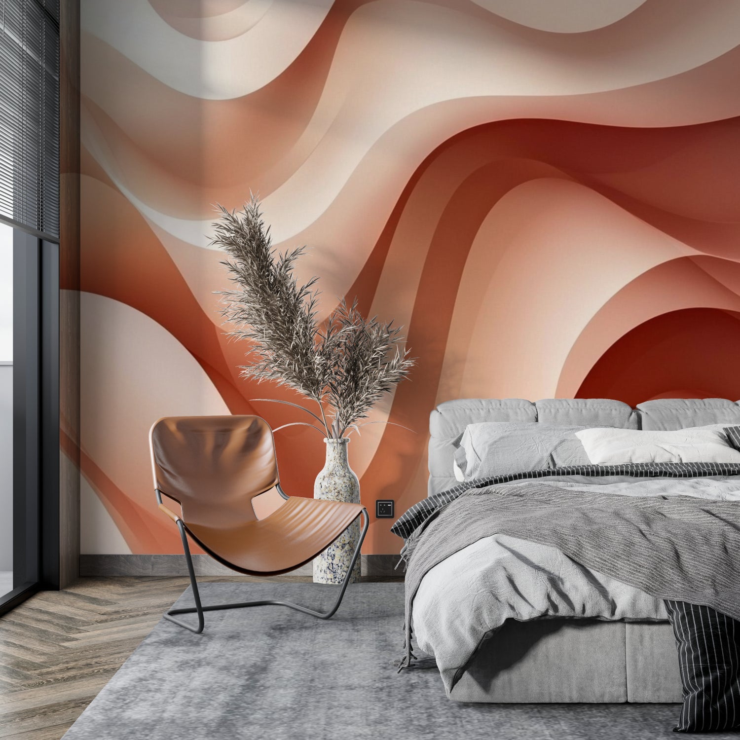 Modern dining room featuring abstract waves wallpaper in warm terracotta tones
