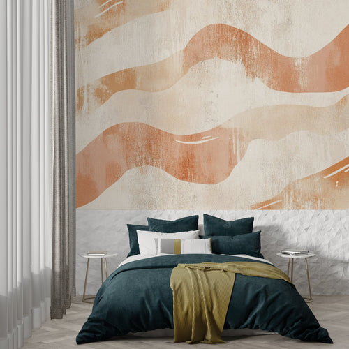 Abstract wave wallpaper in modern living room showing flowing terracotta patterns