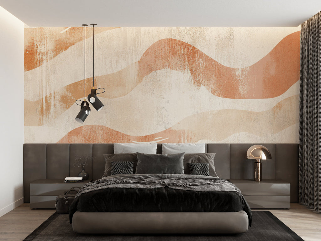 Terracotta wave mural creating warm atmosphere in minimalist bedroom