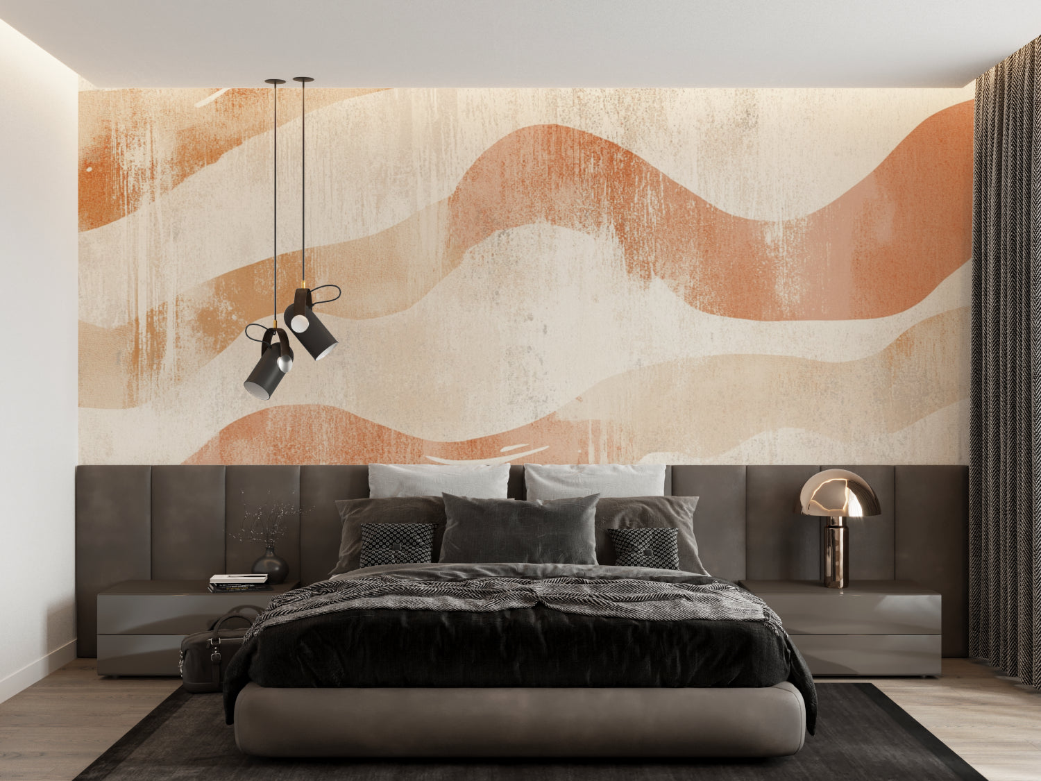 Terracotta wave mural creating warm atmosphere in minimalist bedroom