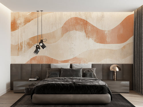 Terracotta wave mural creating warm atmosphere in minimalist bedroom