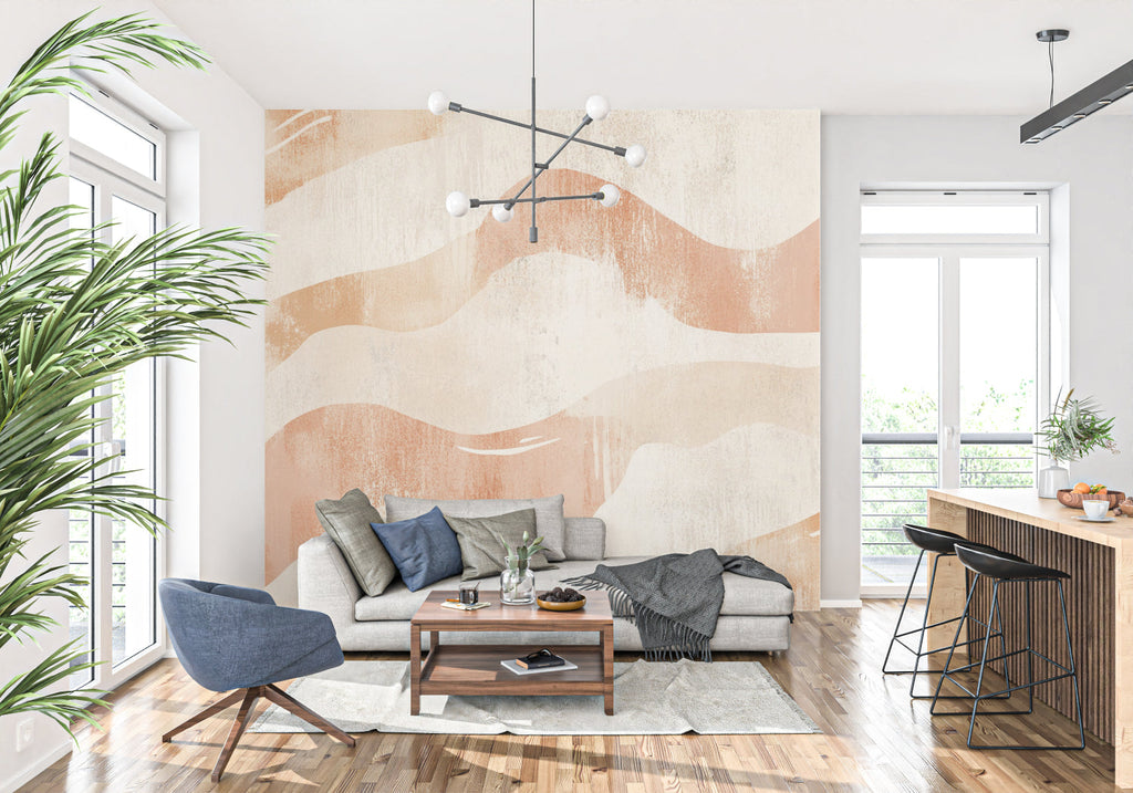 Abstract wall mural with terracotta tones in bright dining room setting