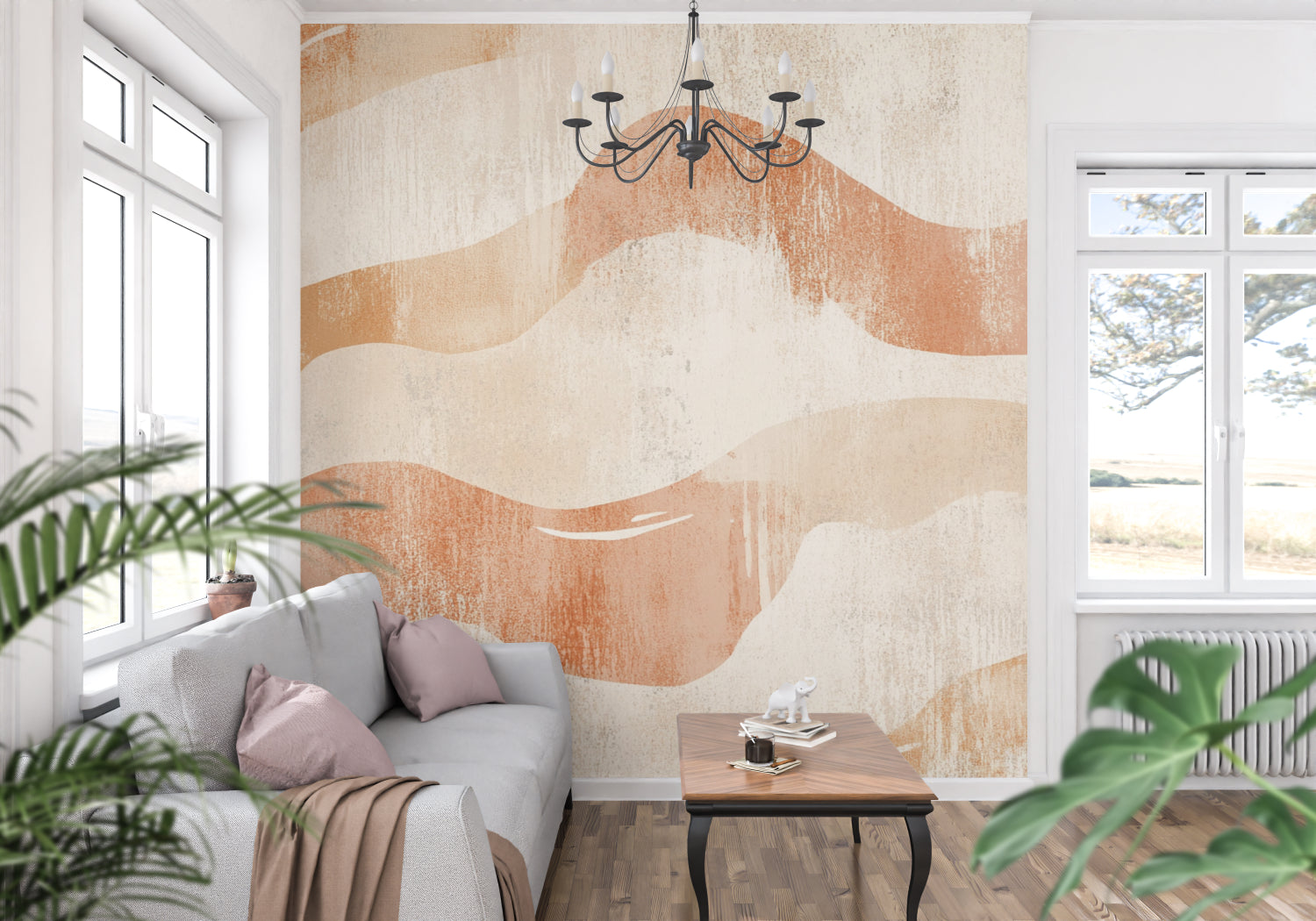 Wave pattern wallpaper showcased in contemporary home office space
