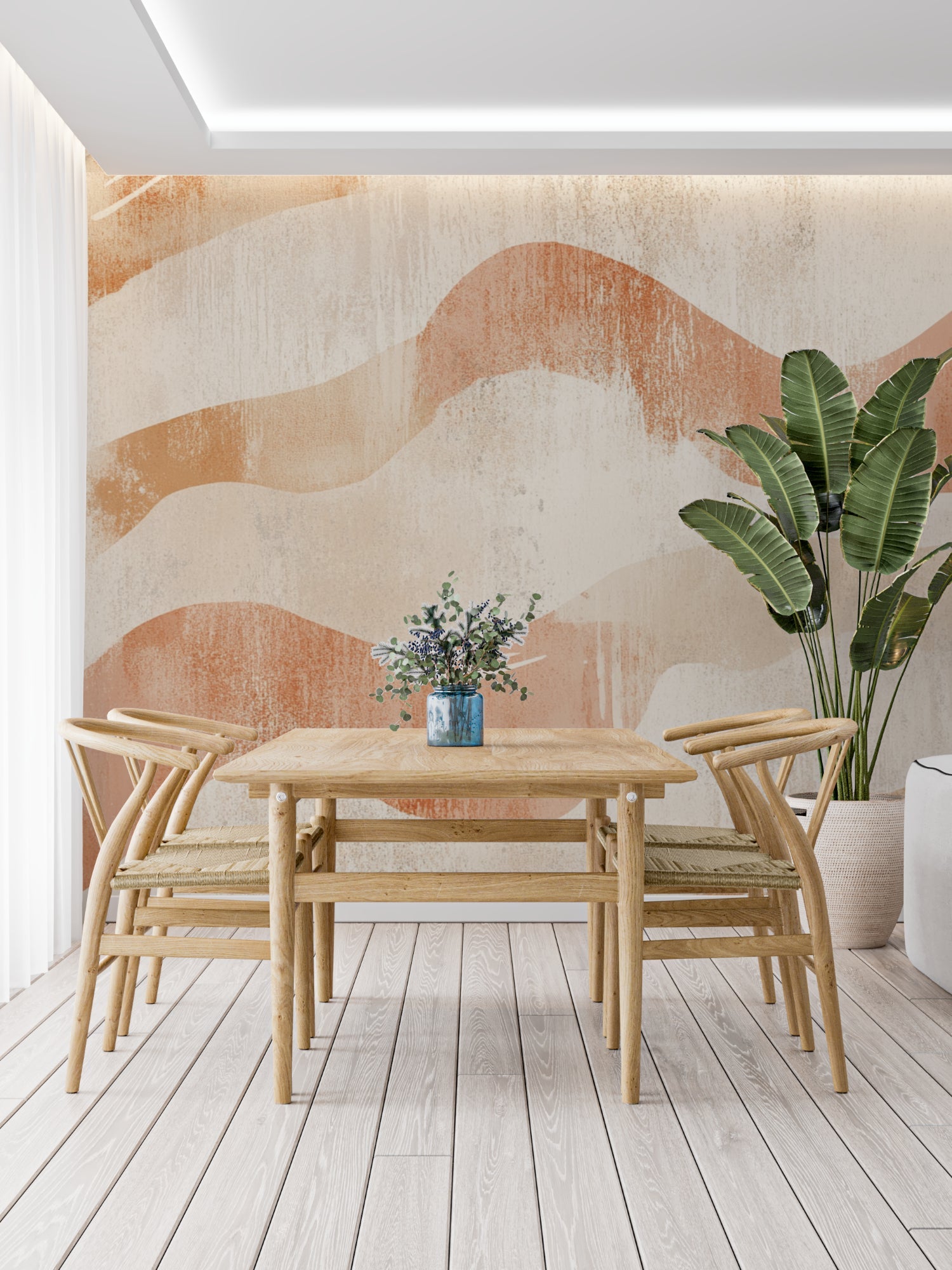 Terracotta abstract mural adding warmth to neutral hallway design