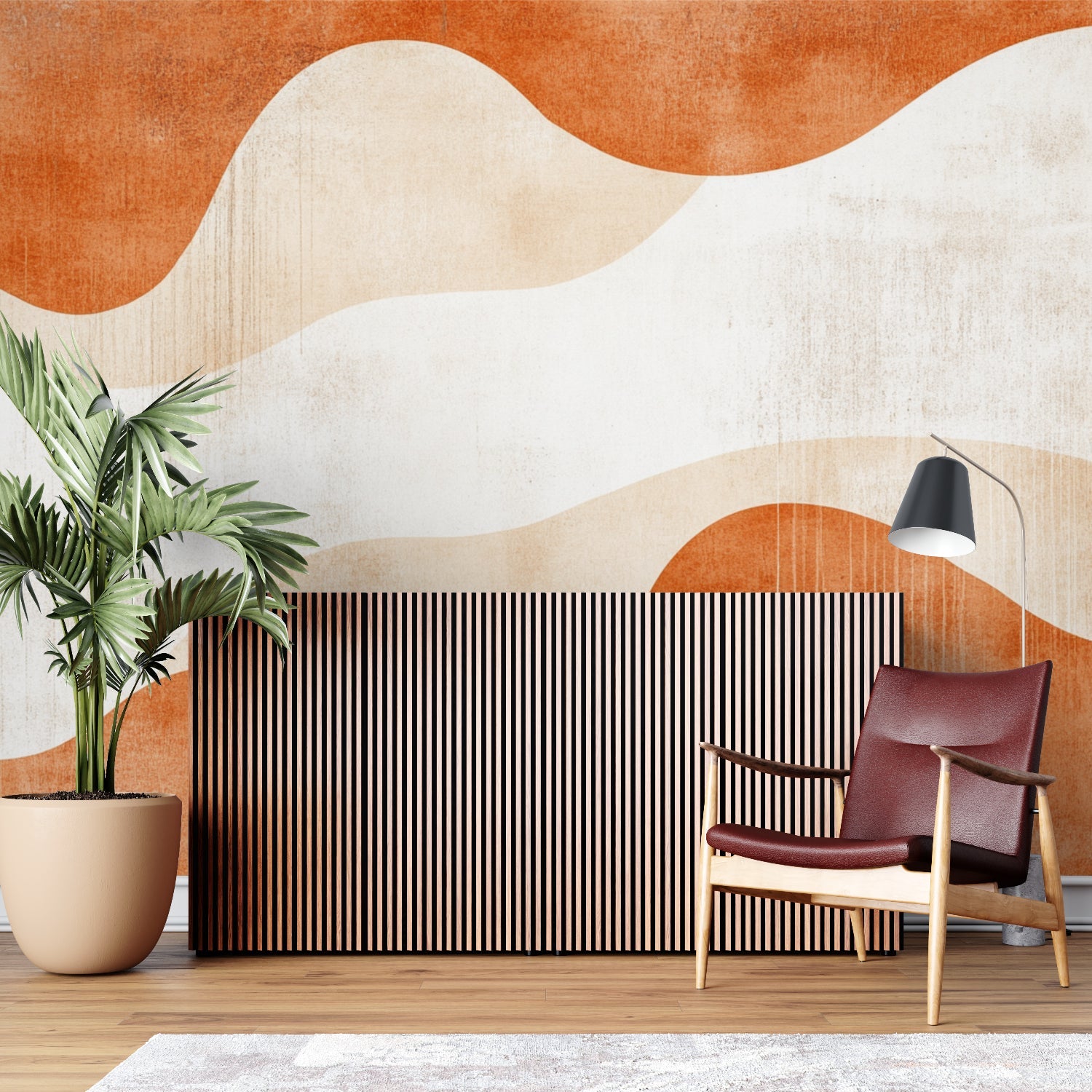 Terracotta wave mural creating depth in minimalist bedroom setting