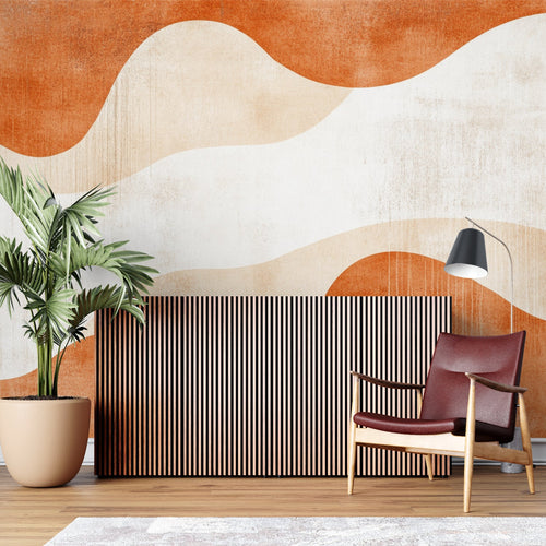 Terracotta wave mural creating depth in minimalist bedroom setting