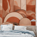 Terracotta abstract wave wallpaper in modern living room with minimalist furniture