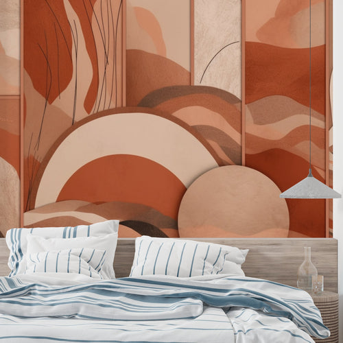 Terracotta abstract wave wallpaper in modern living room with minimalist furniture