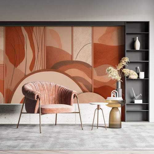 Abstract terracotta wall mural creating warm atmosphere in master bedroom