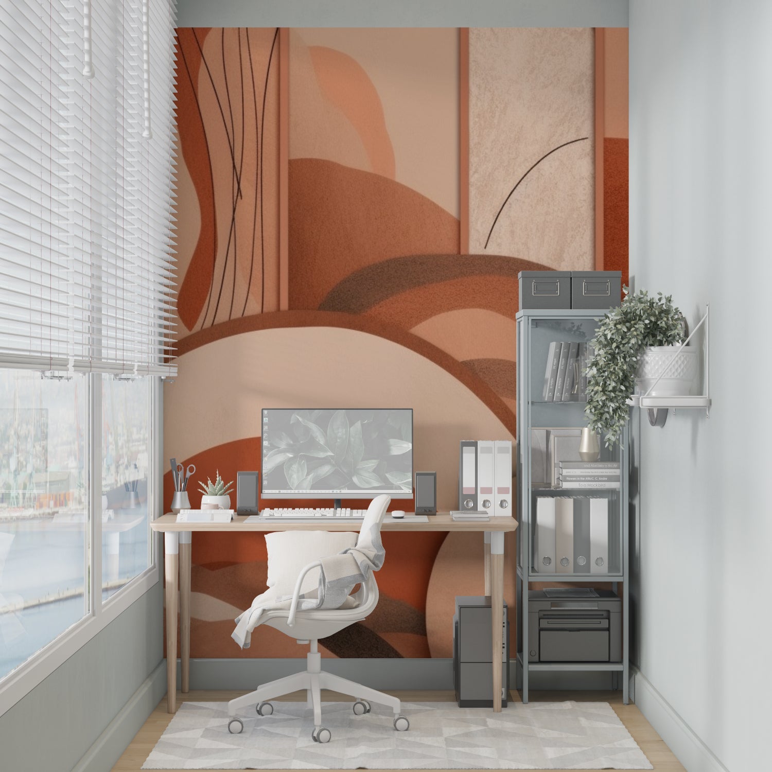 Modern office space featuring flowing terracotta abstract wallpaper