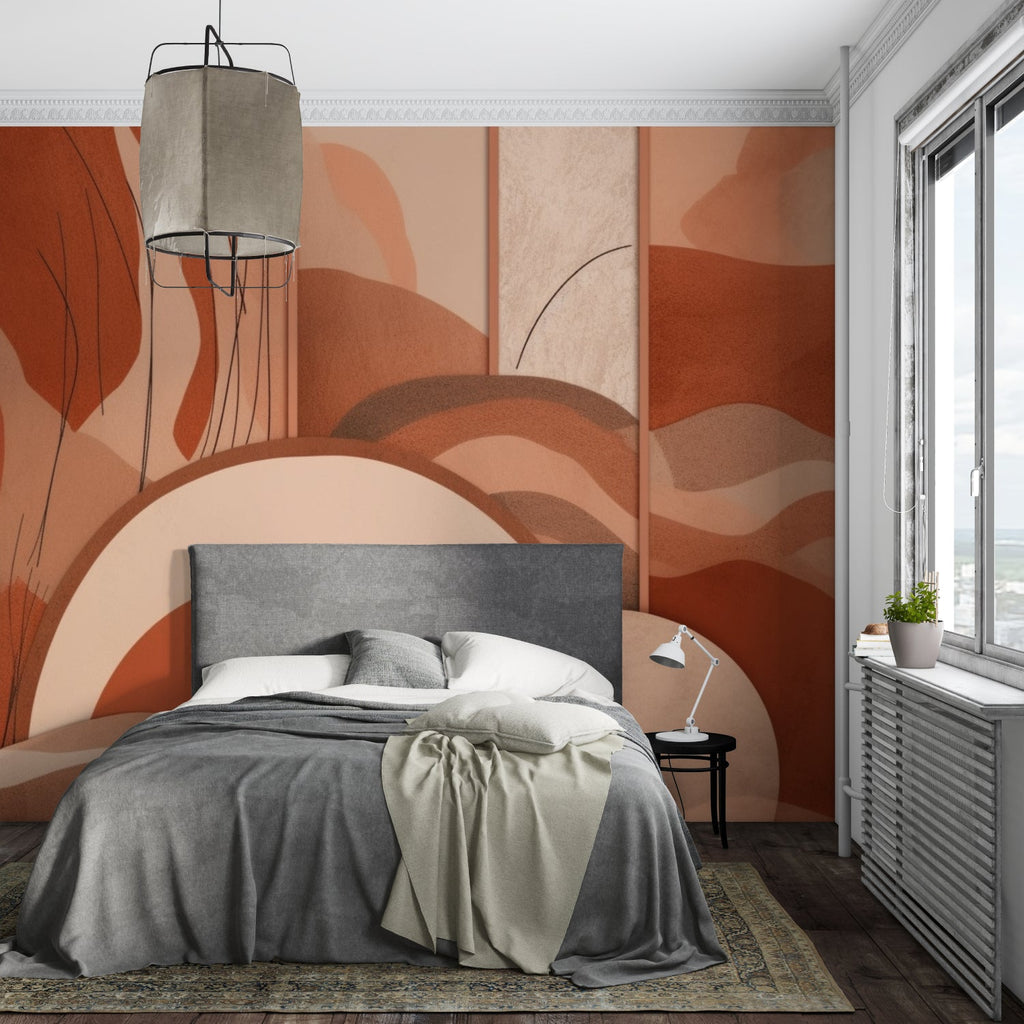 Dining room with abstract wave mural wallpaper in warm earth tones