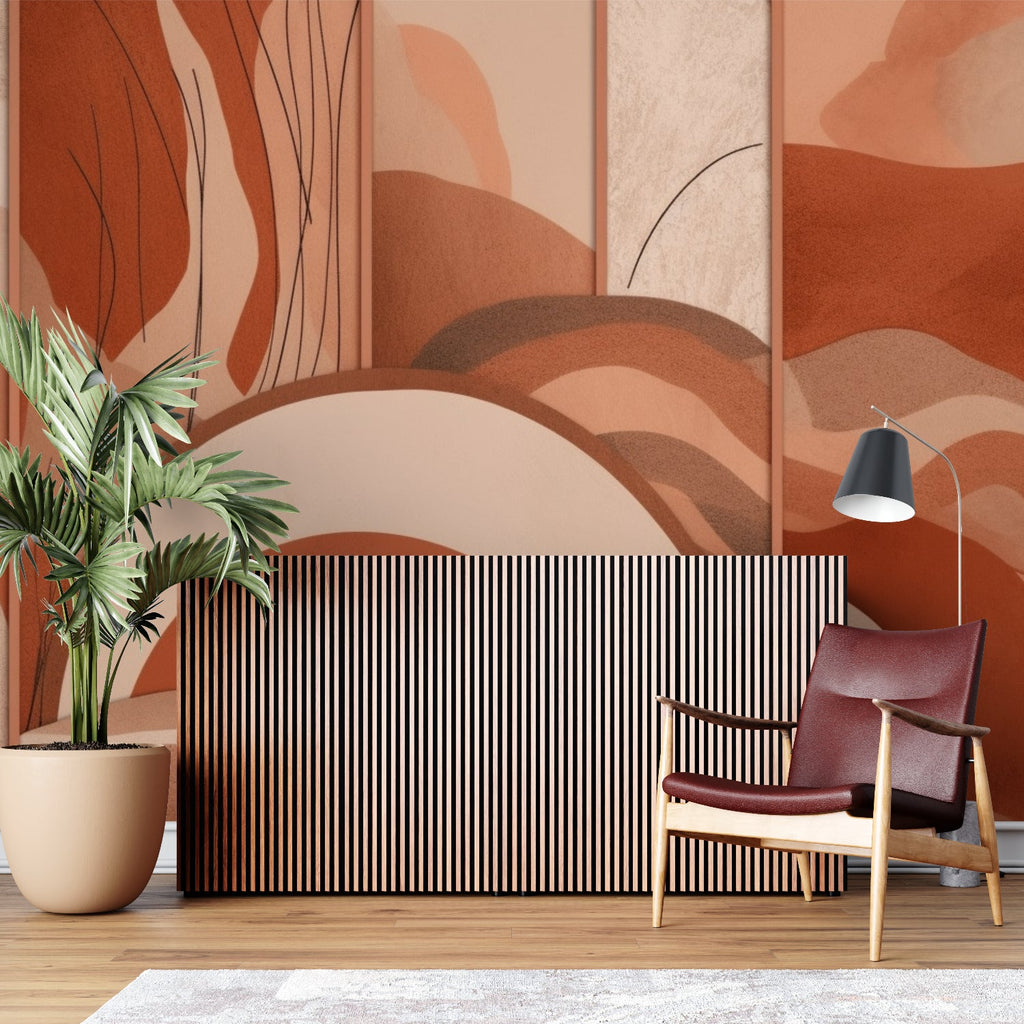 Home study decorated with terracotta abstract wall mural