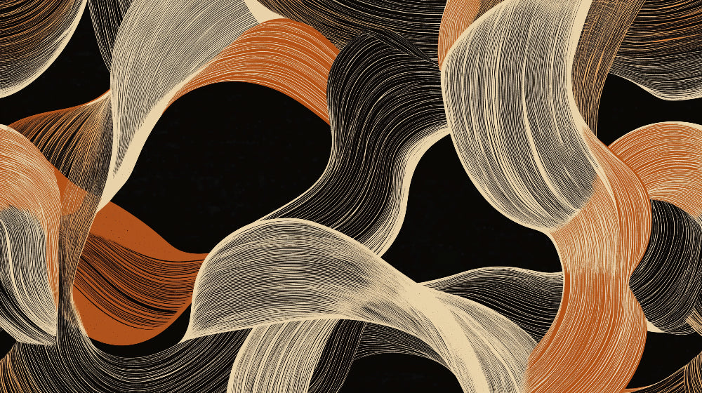 Abstract wave wallpaper in modern living room showing flowing terracotta lines against black backdrop