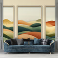 Abstract mountain wallpaper creating a cozy atmosphere in a modern living room with earth-toned furniture