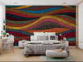 Abstract wave wallpaper in modern living room showing flowing pattern and rich colors