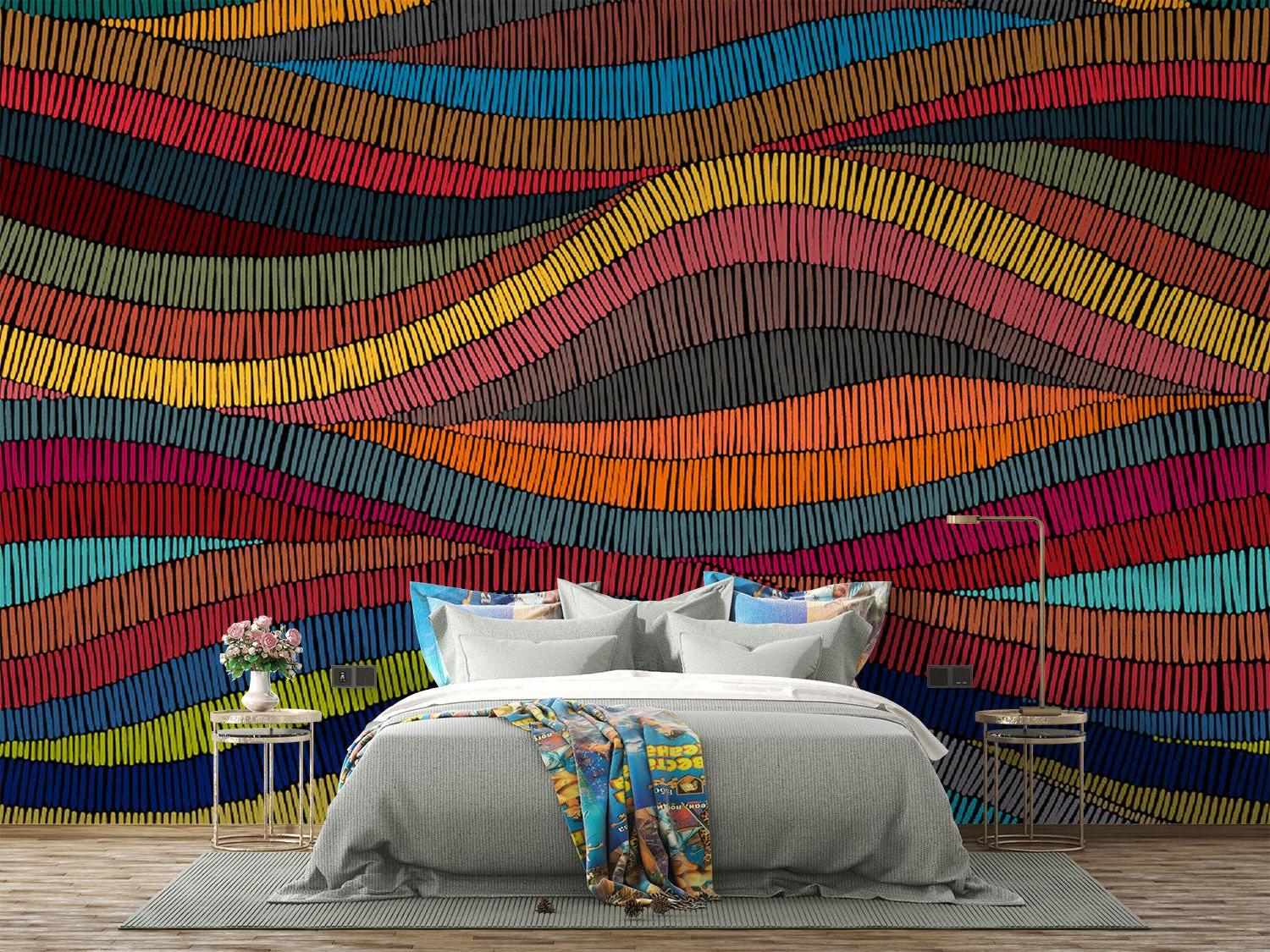 Abstract wall mural creating dynamic focal point in dining room setting