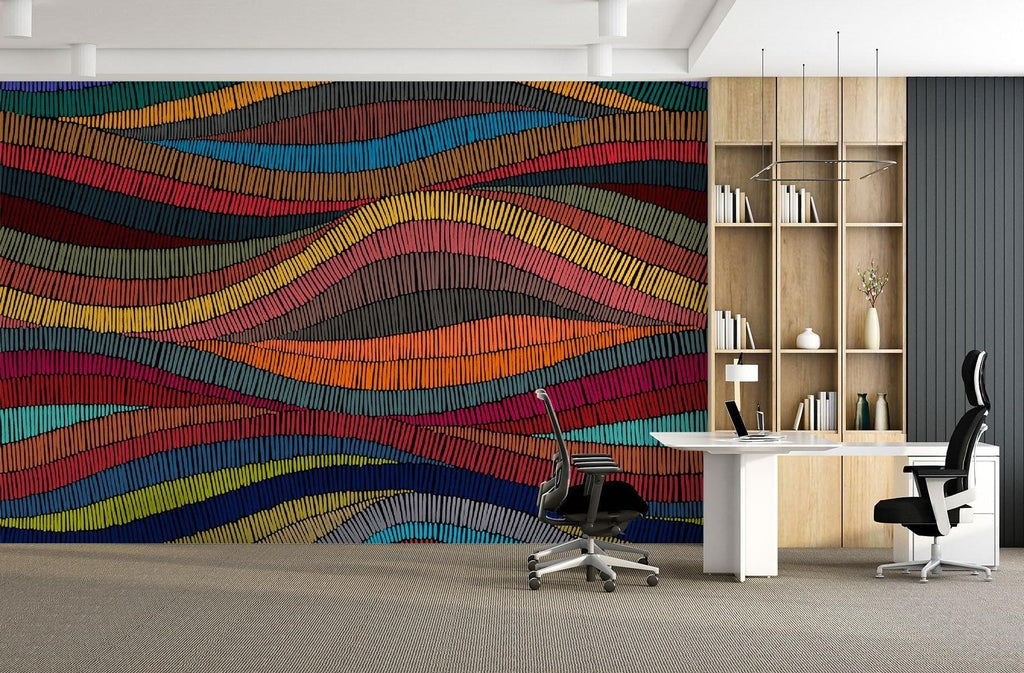 Vibrant wave wallpaper installation in contemporary bedroom space