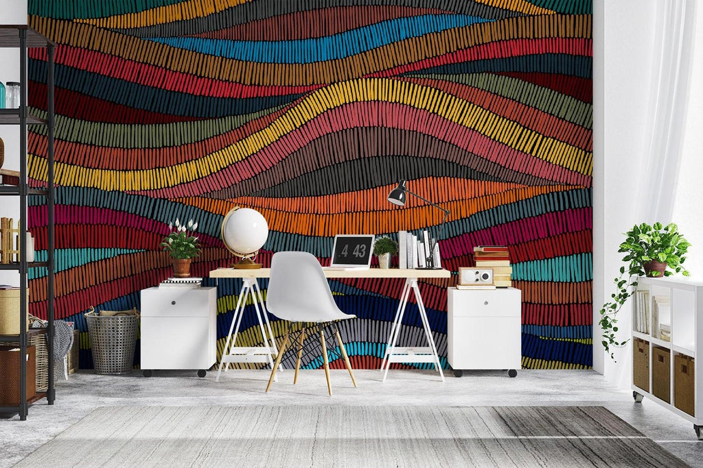 Modern abstract wall design in minimalist hallway showing full pattern flow