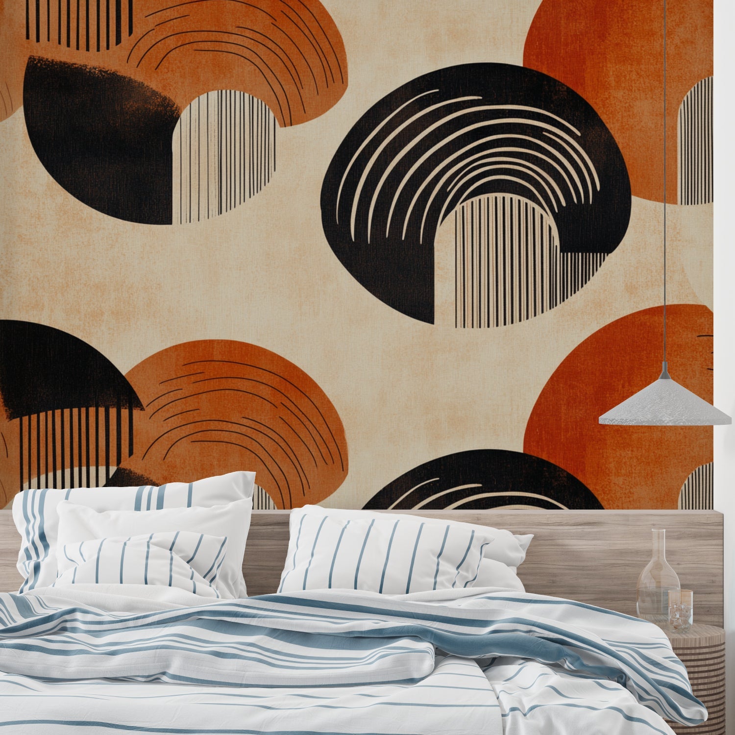 Curved abstract wall mural in minimalist dining room with wooden furniture