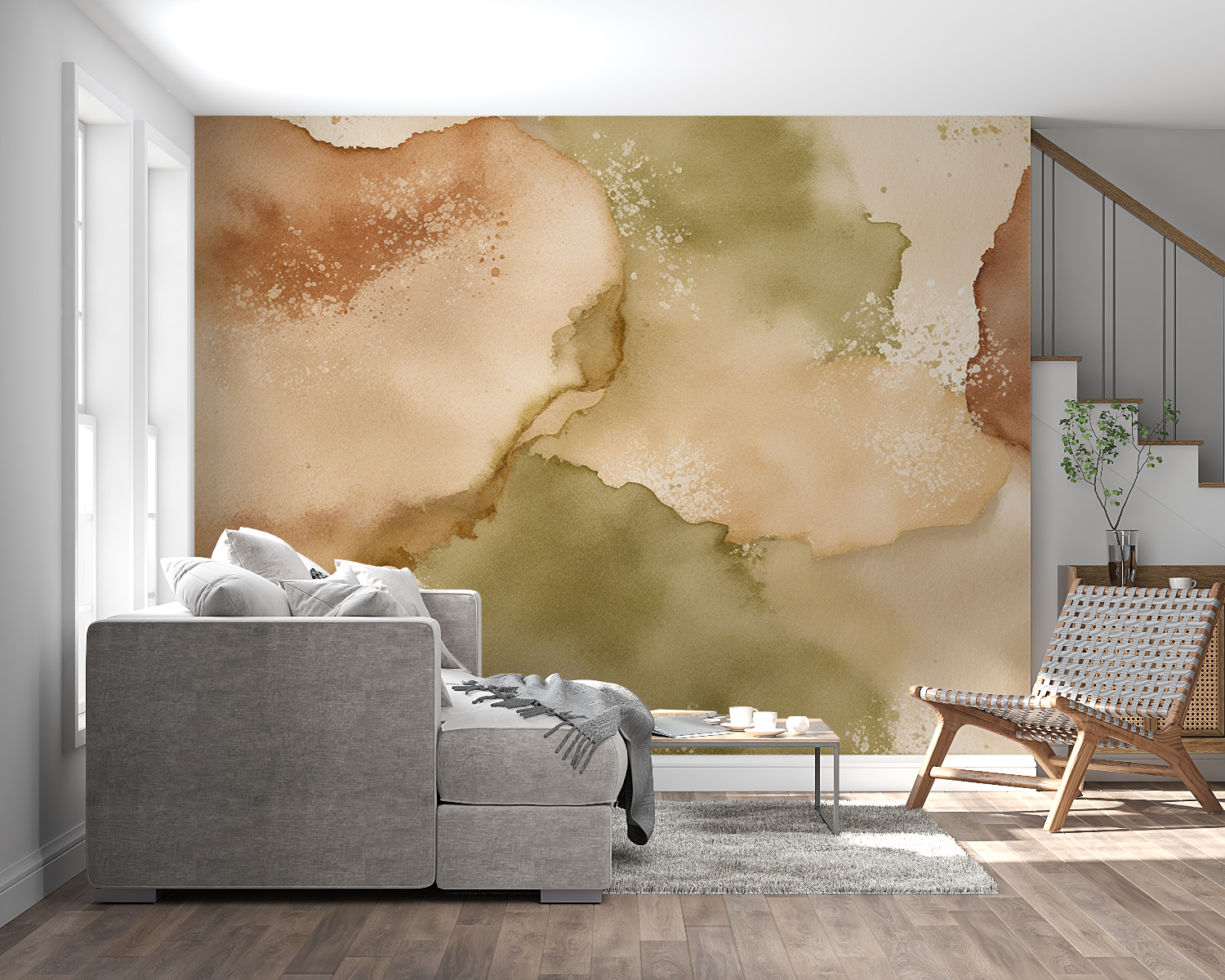 Modern bedroom featuring abstract beige and olive watercolor wallpaper with natural lighting