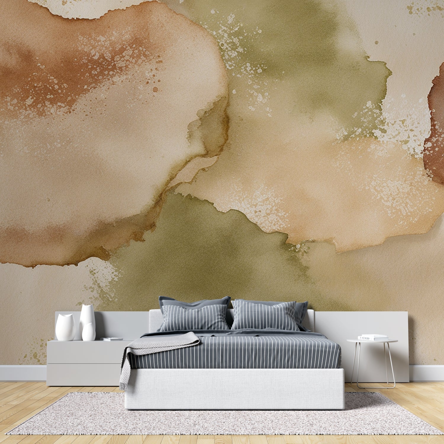 Home office space with abstract watercolor wall mural creating a peaceful workspace
