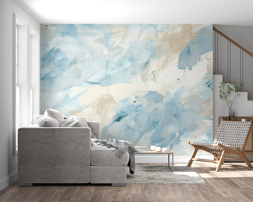 Abstract watercolor wallpaper in blue and beige tones creating a serene atmosphere in a modern living room
