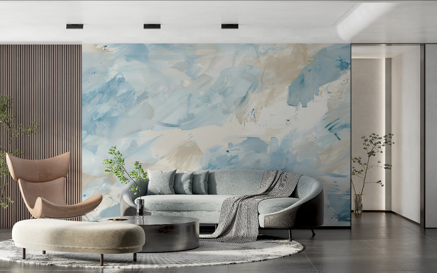 Modern abstract mural transforming an entrance hallway with flowing design