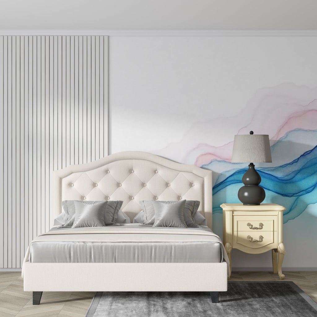 Contemporary bathroom with Blue Pink Wave Wallpaper adding spa-like feeling