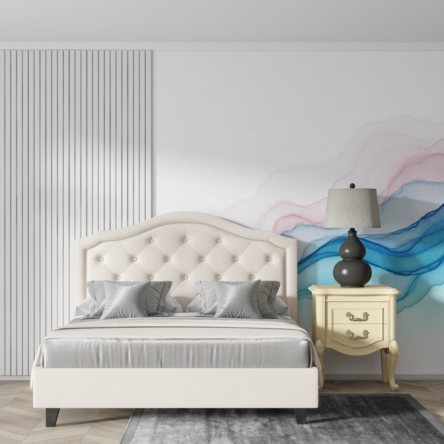 Contemporary bathroom with Blue Pink Wave Wallpaper adding spa-like feeling